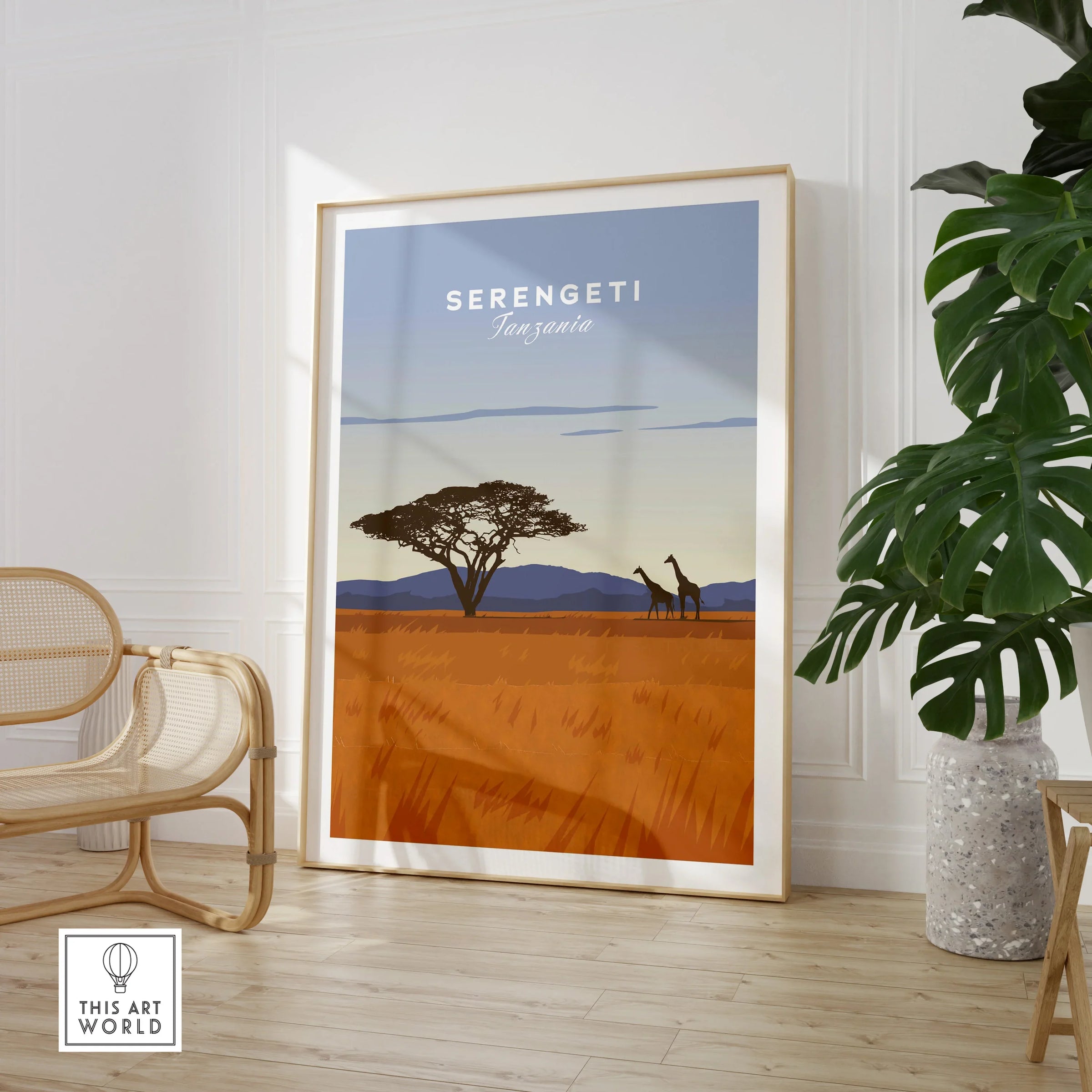Serengeti Tanzania travel poster with giraffes and acacia tree, perfect for wall art and home decor