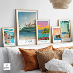Ottawa wall art print displayed with other travel posters on a stylish shelf with cozy decor.