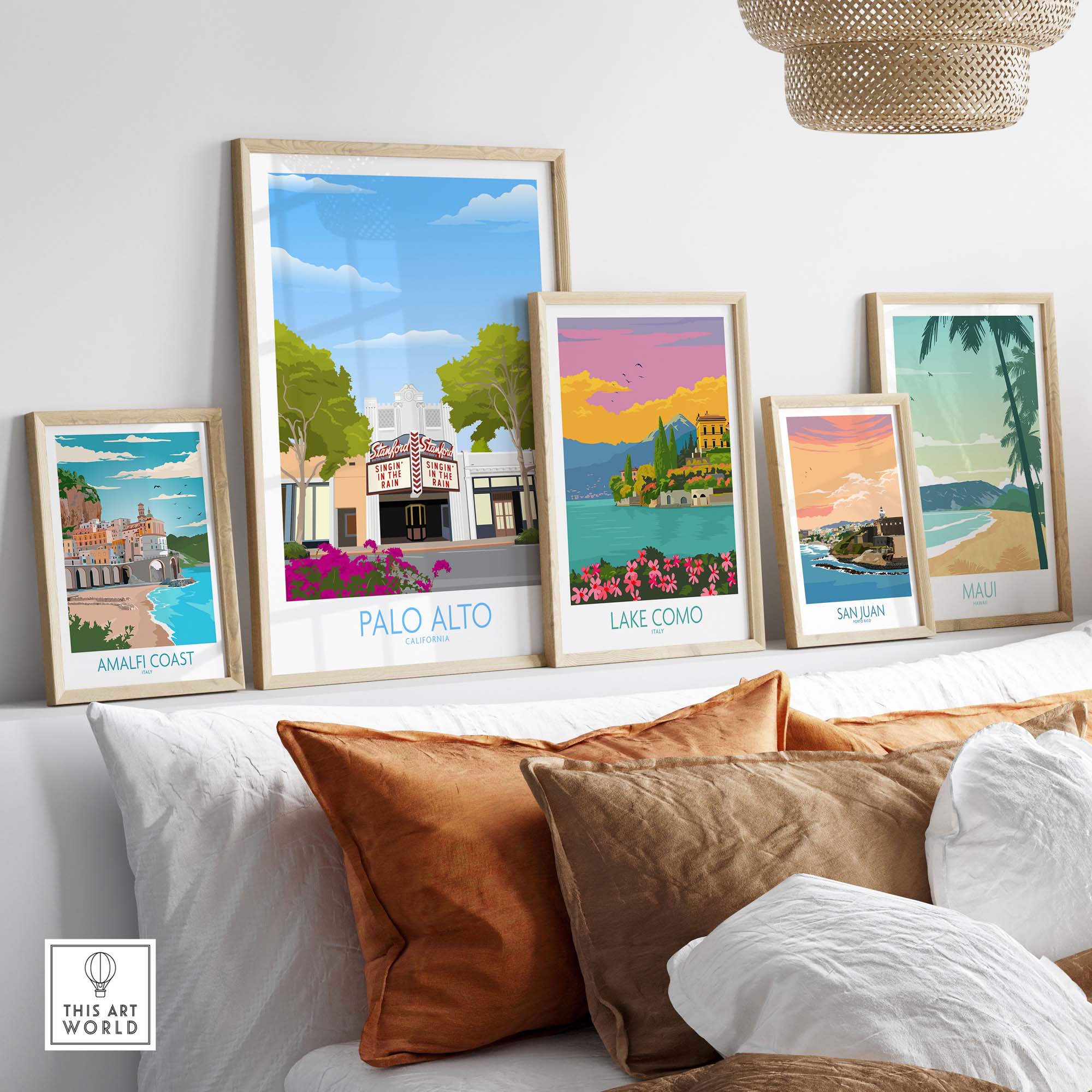Collection of framed wall art prints featuring Palo Alto, Lake Como, Amalfi Coast, San Juan, and Maui.