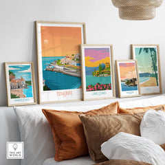 Tenerife wall art print among other travel posters, displayed in a stylish living room setting with decorative pillows.