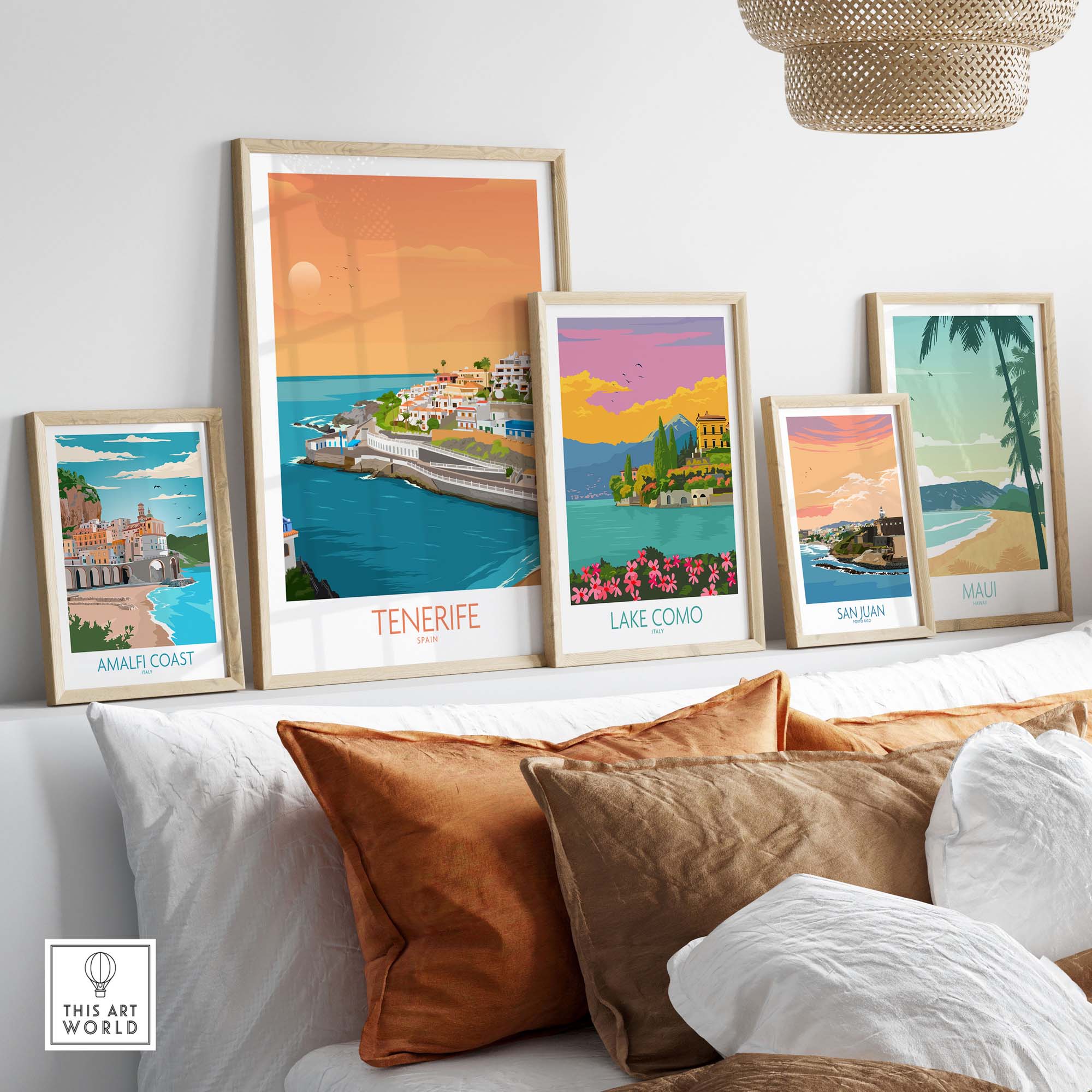 Tenerife wall art print among other travel posters, displayed in a stylish living room setting with decorative pillows.