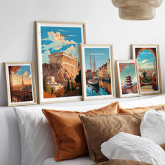 Collection of travel poster prints including Athens Greece, showcasing iconic landmarks and vibrant art for home decor.