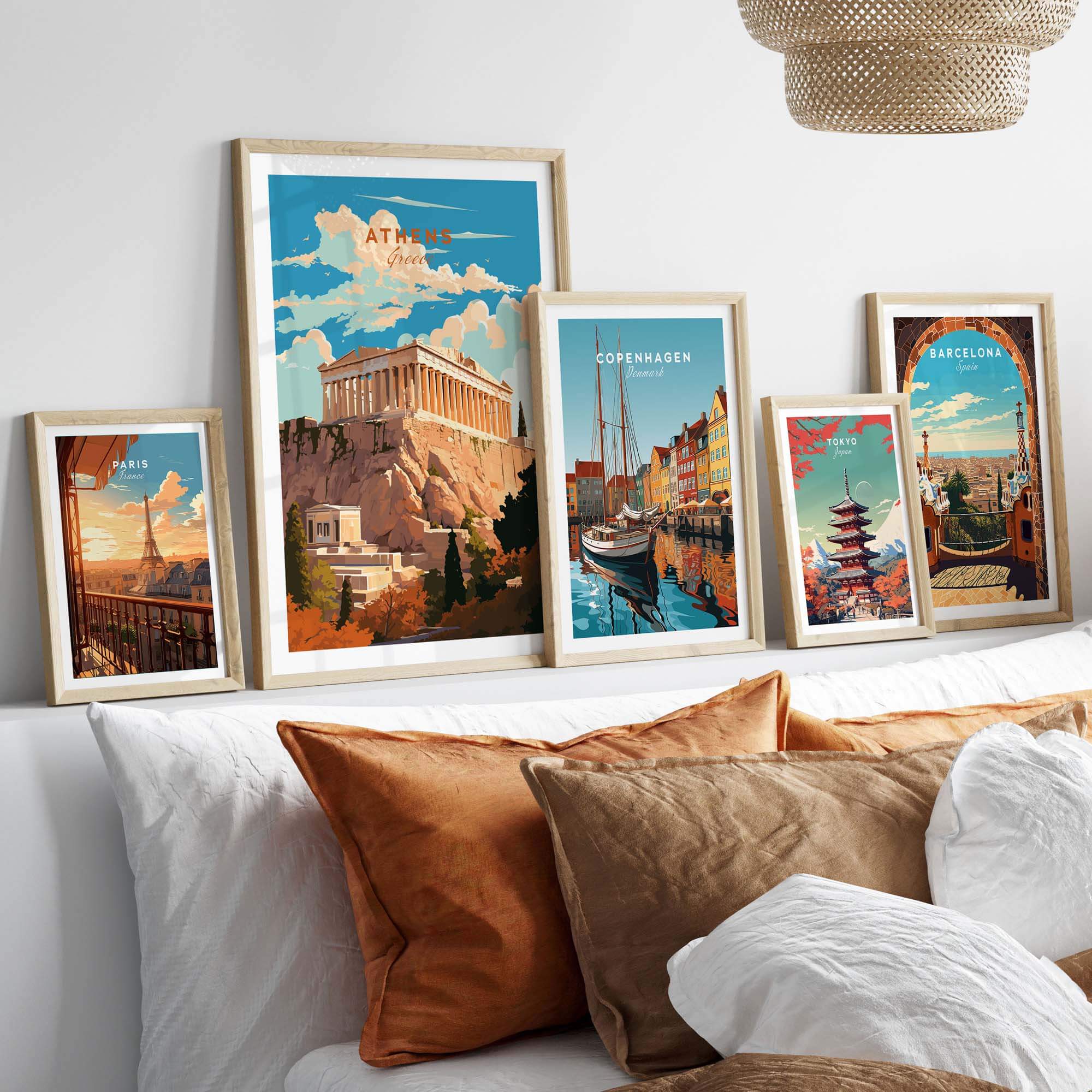 Collection of travel poster prints including Athens Greece, showcasing iconic landmarks and vibrant art for home decor.