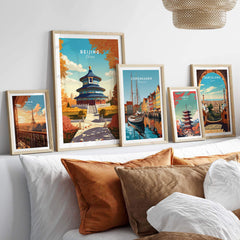 Elegant Beijing print showcasing the Forbidden City among other city posters, perfect for home decor.
