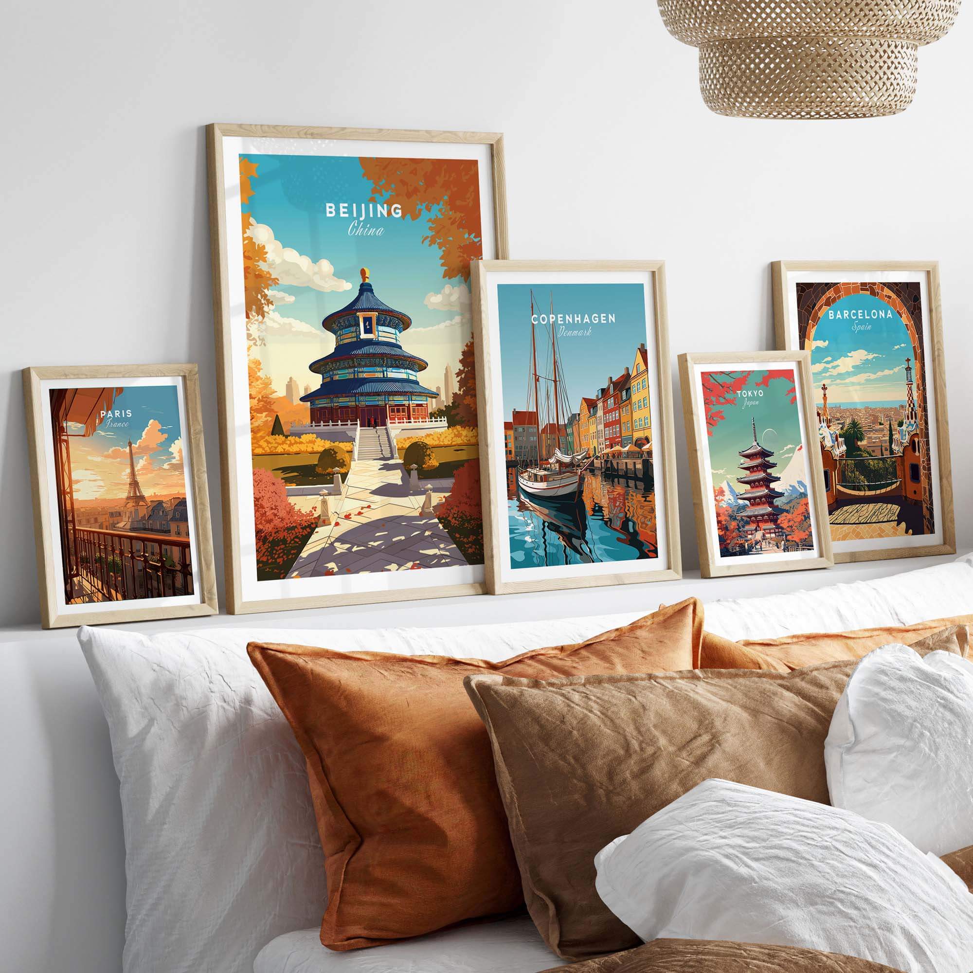 Elegant Beijing print showcasing the Forbidden City among other city posters, perfect for home decor.