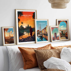 Stylish Angkor Wat wall art display showcasing travel posters in a cozy home decor setting.