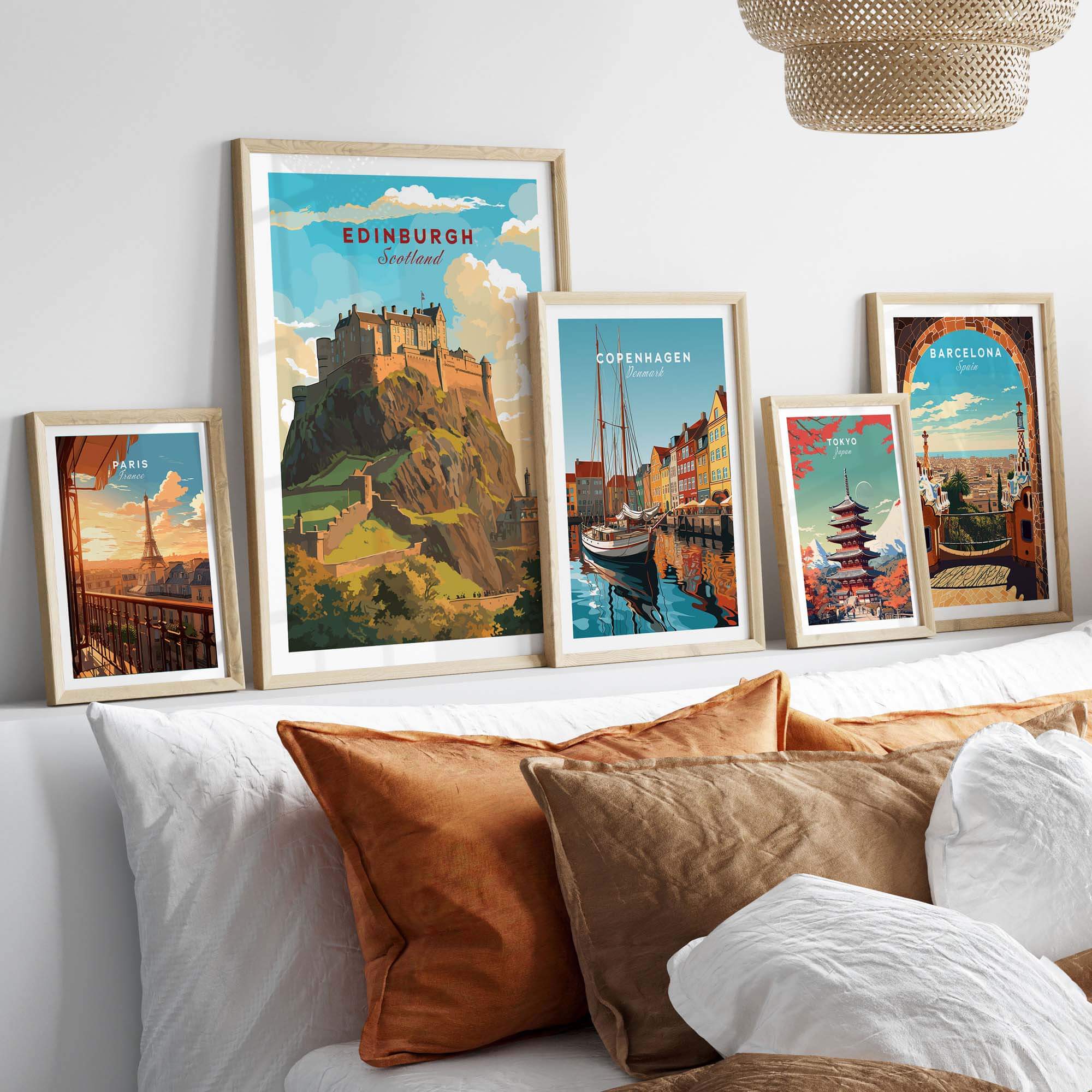 Edinburgh Poster Print featured among other city art prints in a stylish home decor setting.