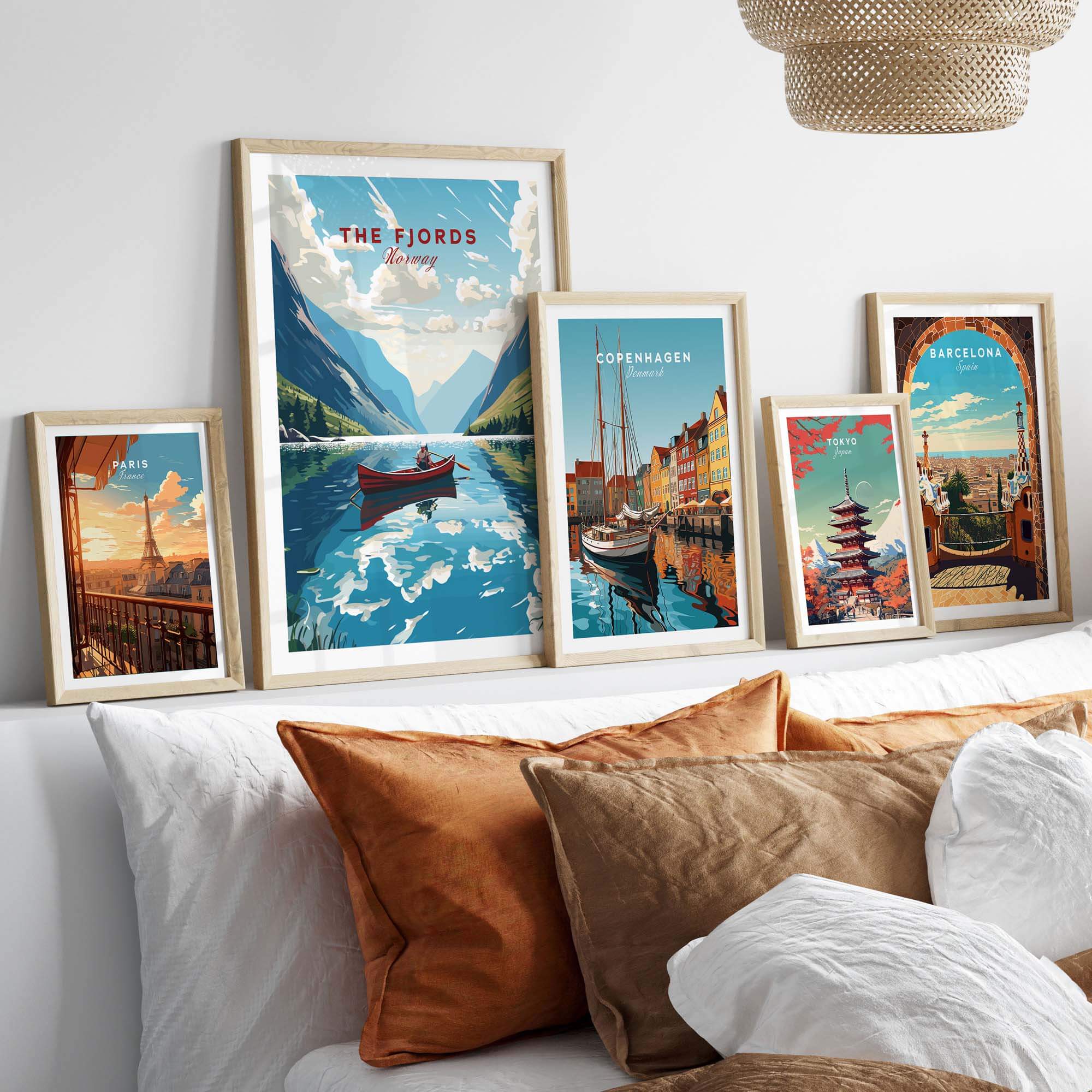 Fjords Wall Art Norway featuring vibrant landscapes and nautical scenes, elegantly displayed above cozy pillows.