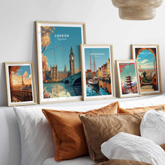 Vibrant London wall art print featuring Big Ben and other landmarks, displayed in a stylish gallery arrangement.