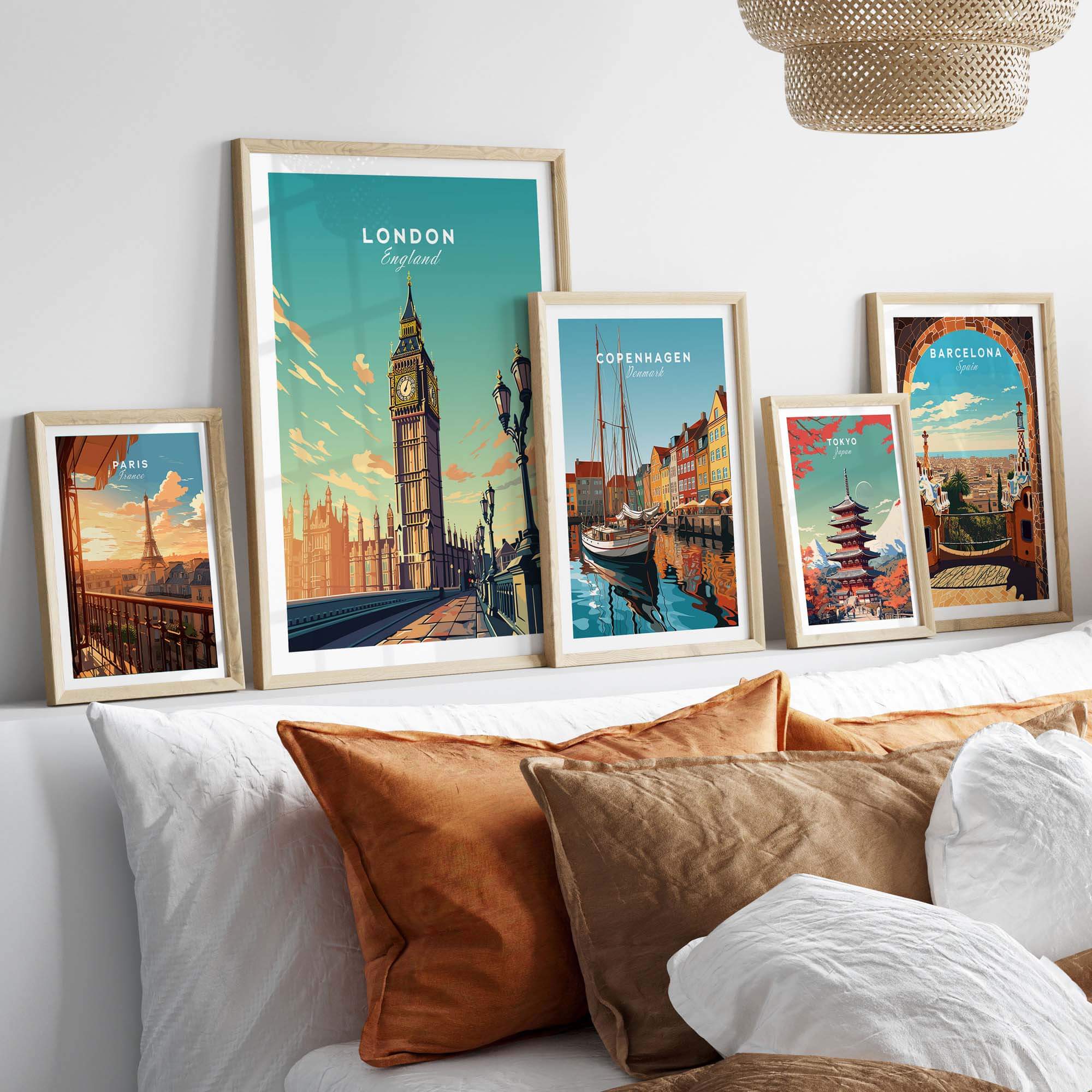 Stylish collection of travel posters featuring Big Ben and cityscapes, displayed in a cozy home setting.