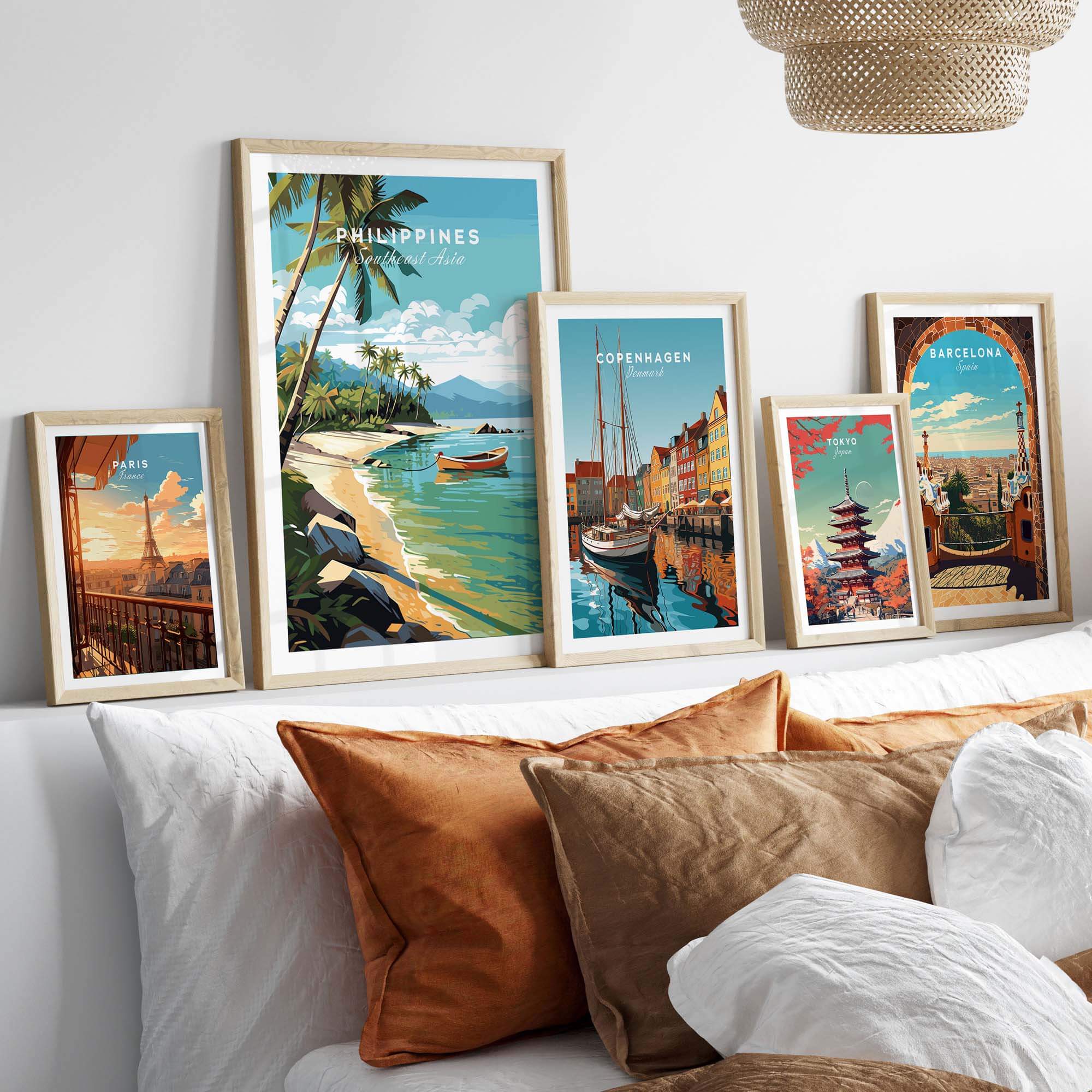 Gallery wall featuring vibrant Philippines Art Print alongside cityscape prints, perfect for tropical home decor.
