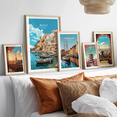 Sicily Wall Art Print displayed alongside city prints, enhancing home decor with Italian charm and vibrant colors.