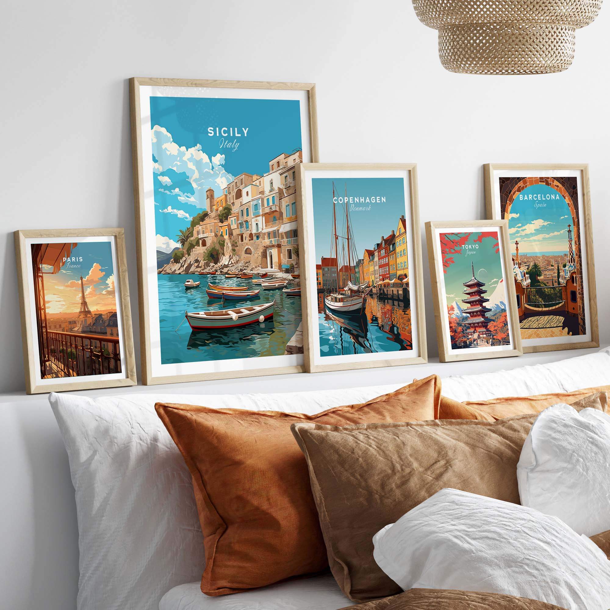 Sicily Wall Art Print displayed alongside city prints, enhancing home decor with Italian charm and vibrant colors.