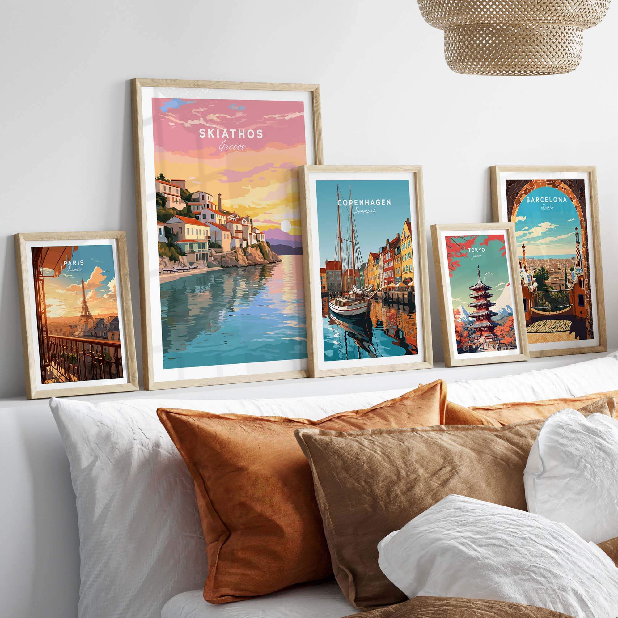 Skiathos Greece travel poster print displayed among vibrant travel art in a cozy home setting, showcasing Mediterranean charm.