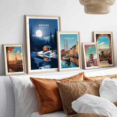 Sweden art print showcasing Scandinavian scenery, beautifully framed and displayed on a stylish wall.