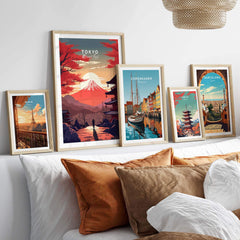 Tokyo Mount Fuji poster displayed among various travel art prints in a stylish home interior setting.