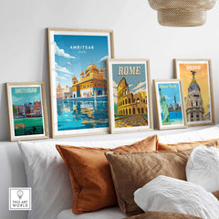Amritsar India travel poster print displayed among other travel art prints in a stylish home decor setting.