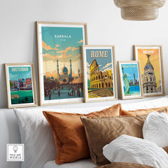 Karbala Iraq travel poster print displayed with other iconic city prints on a modern home decor setup.
