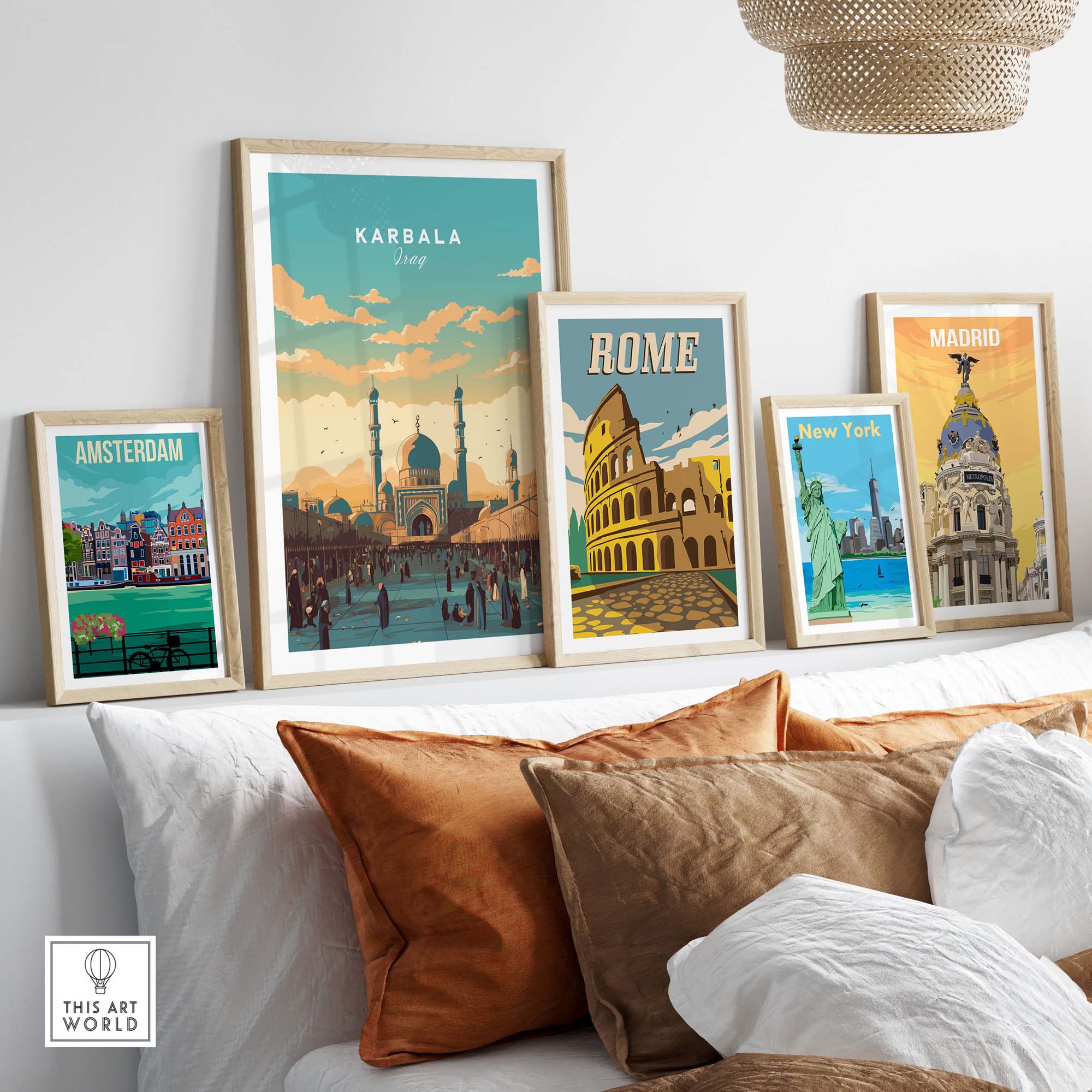Karbala Iraq travel poster print displayed with other iconic city prints on a modern home decor setup.