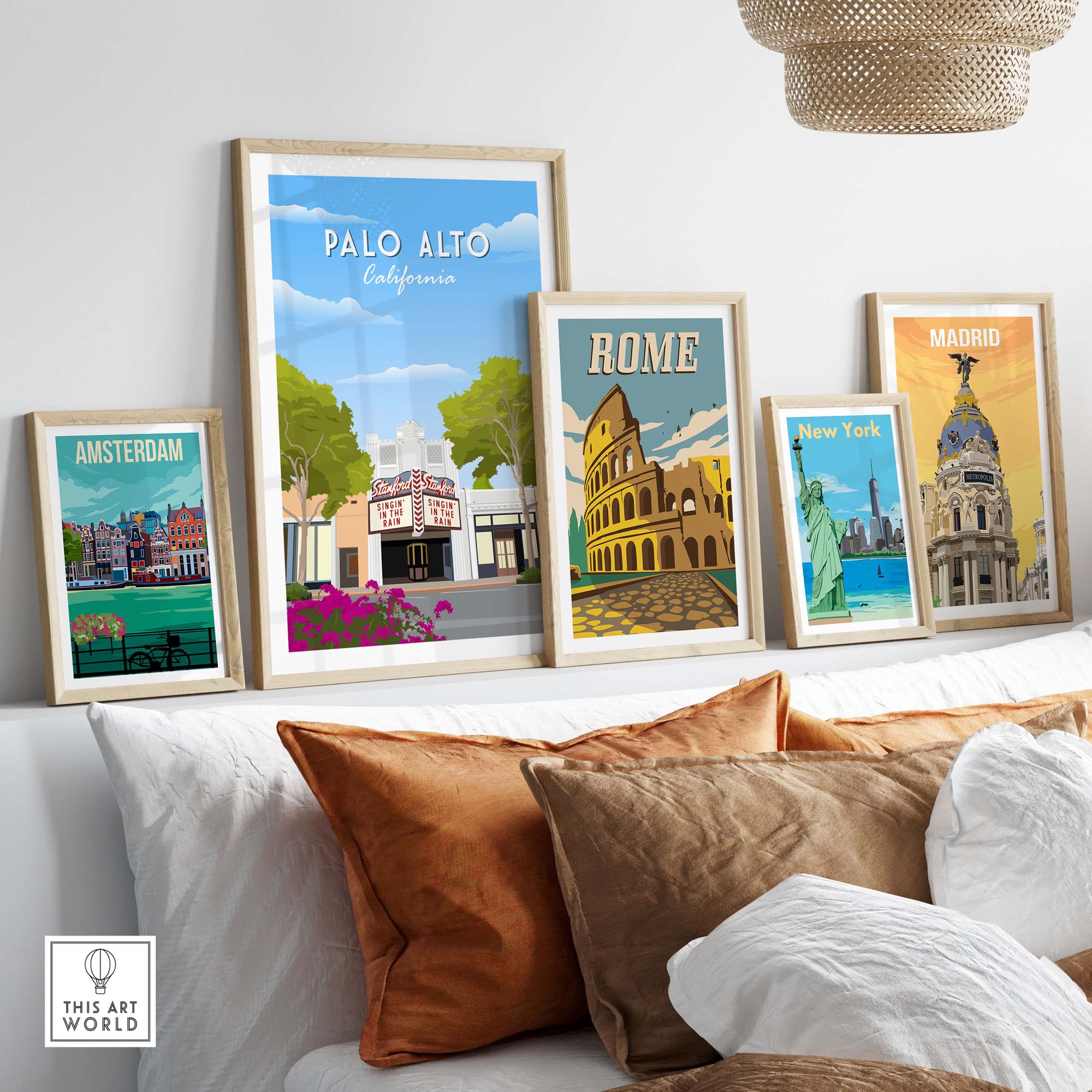 Collection of travel poster prints including Palo Alto, Rome, Madrid, Amsterdam, and New York displayed on a stylish wall.