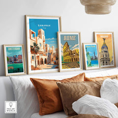Samawah Iraq travel poster print displayed among various city posters on a cozy wall decor.