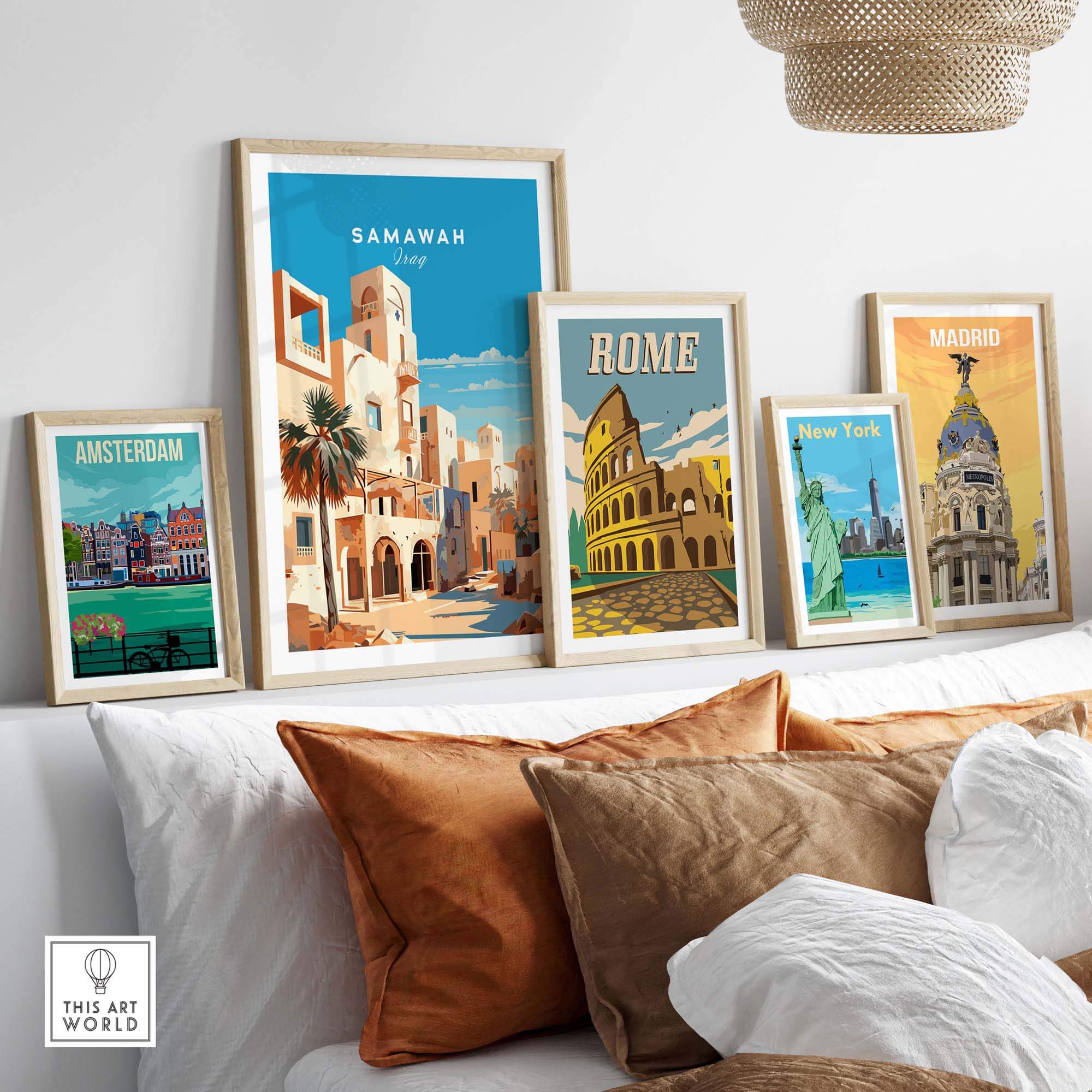 Samawah Iraq travel poster print displayed among various city posters on a cozy wall decor.