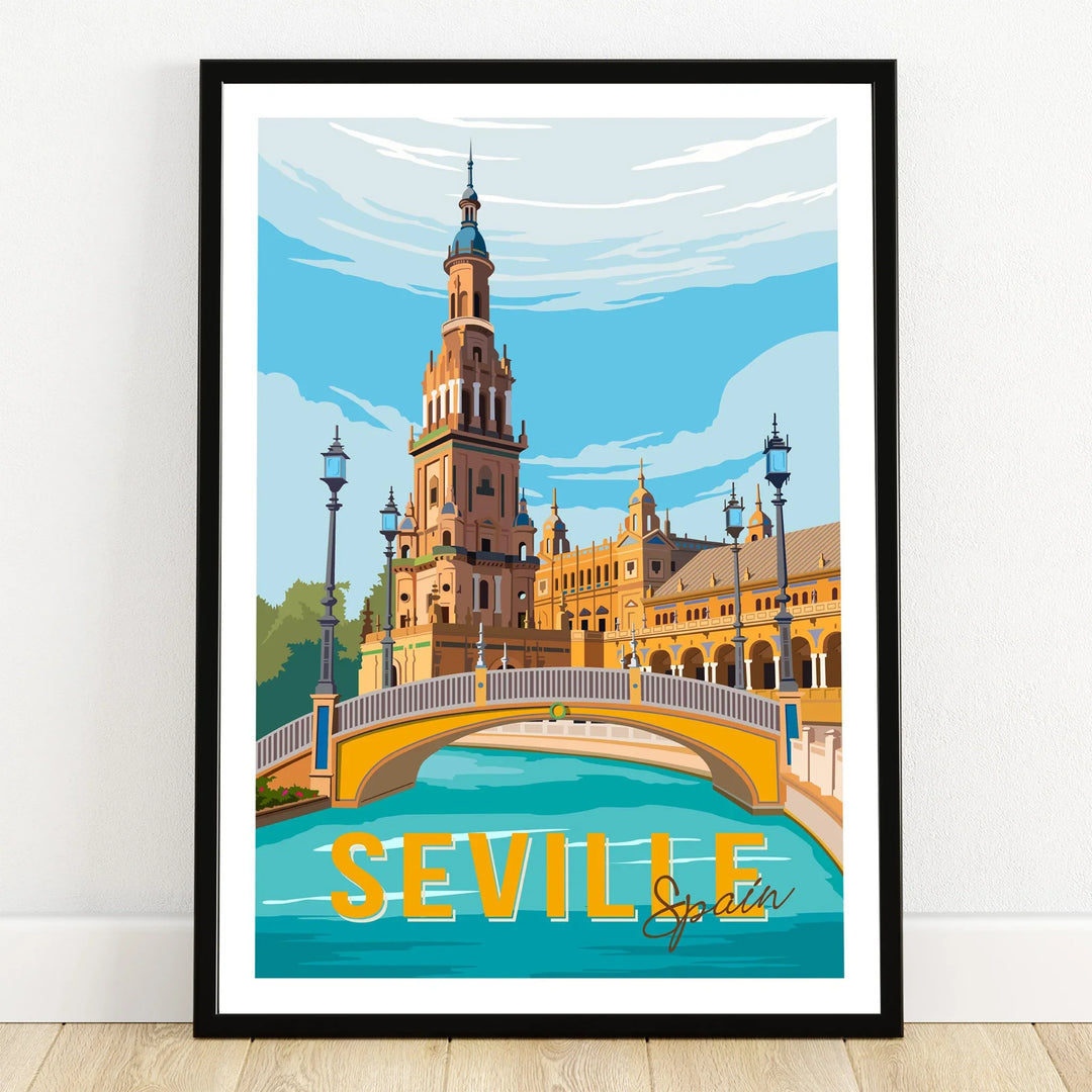 Seville Spain travel poster art print featuring iconic bridge and tower, perfect for home wall decor