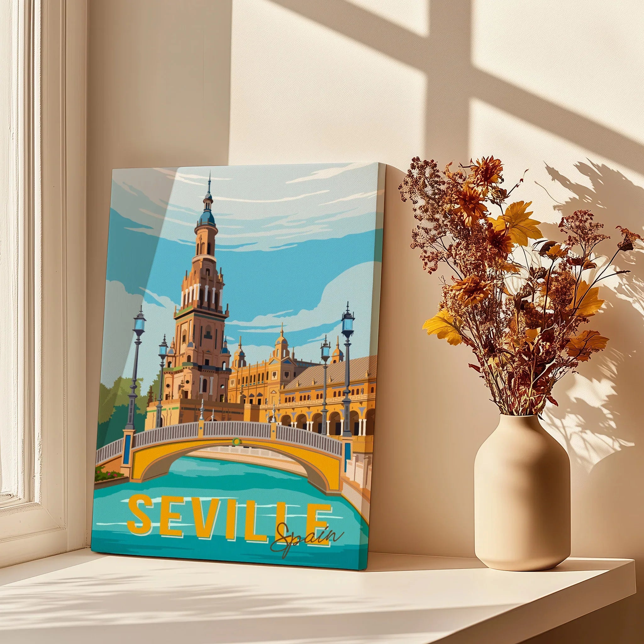 Seville Spain travel poster wall art featuring iconic architecture and bridge, perfect for home decor