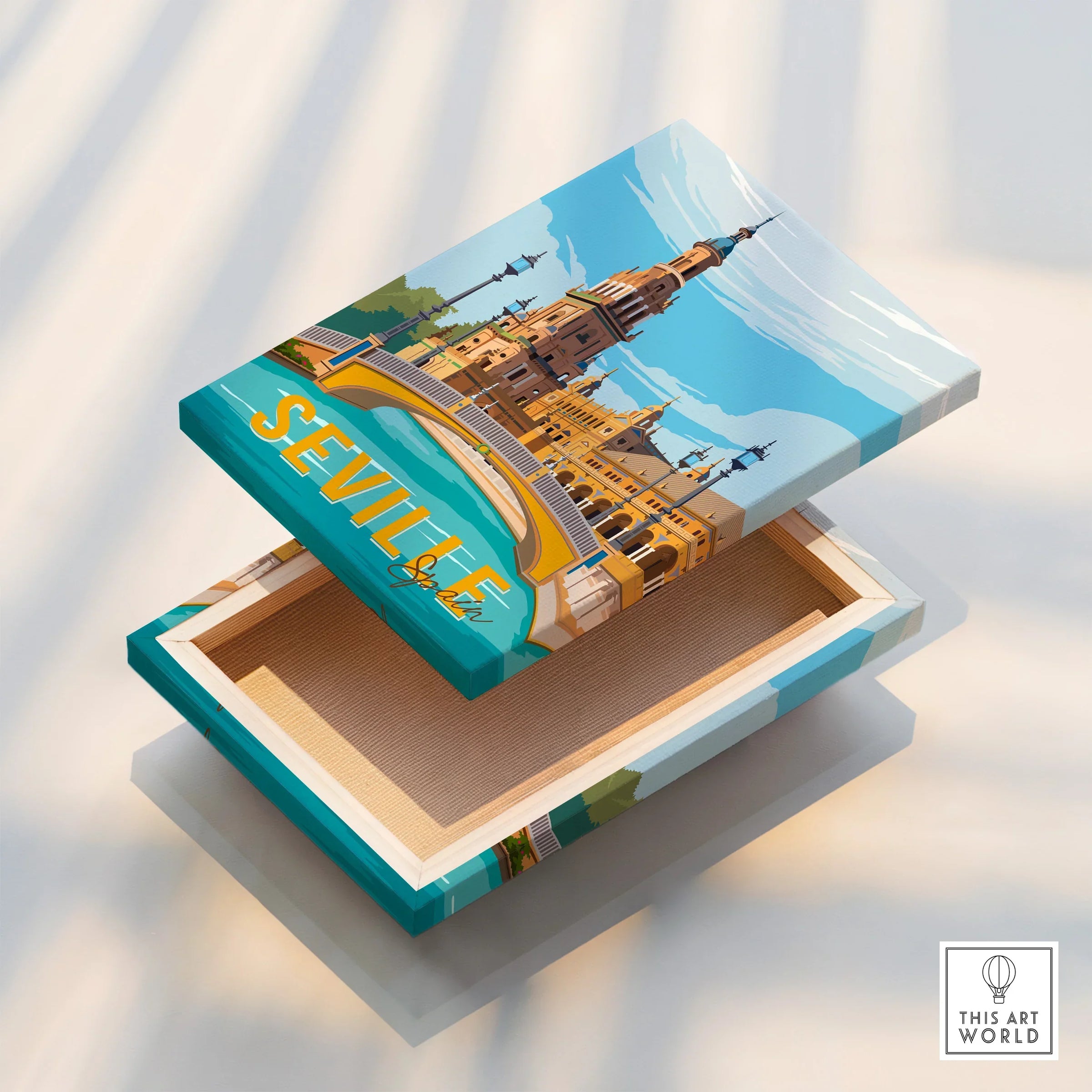 Seville Spain travel poster canvas art with iconic landmarks and vibrant skyline for home decor