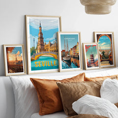 Framed travel posters of Paris, Seville, Copenhagen, Tokyo, and Barcelona for home wall art decor