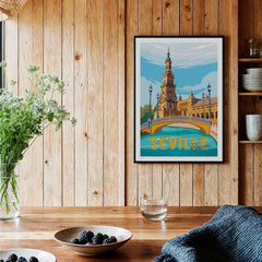 Seville Spain travel poster wall art featuring iconic bridge and tower, perfect for home decor