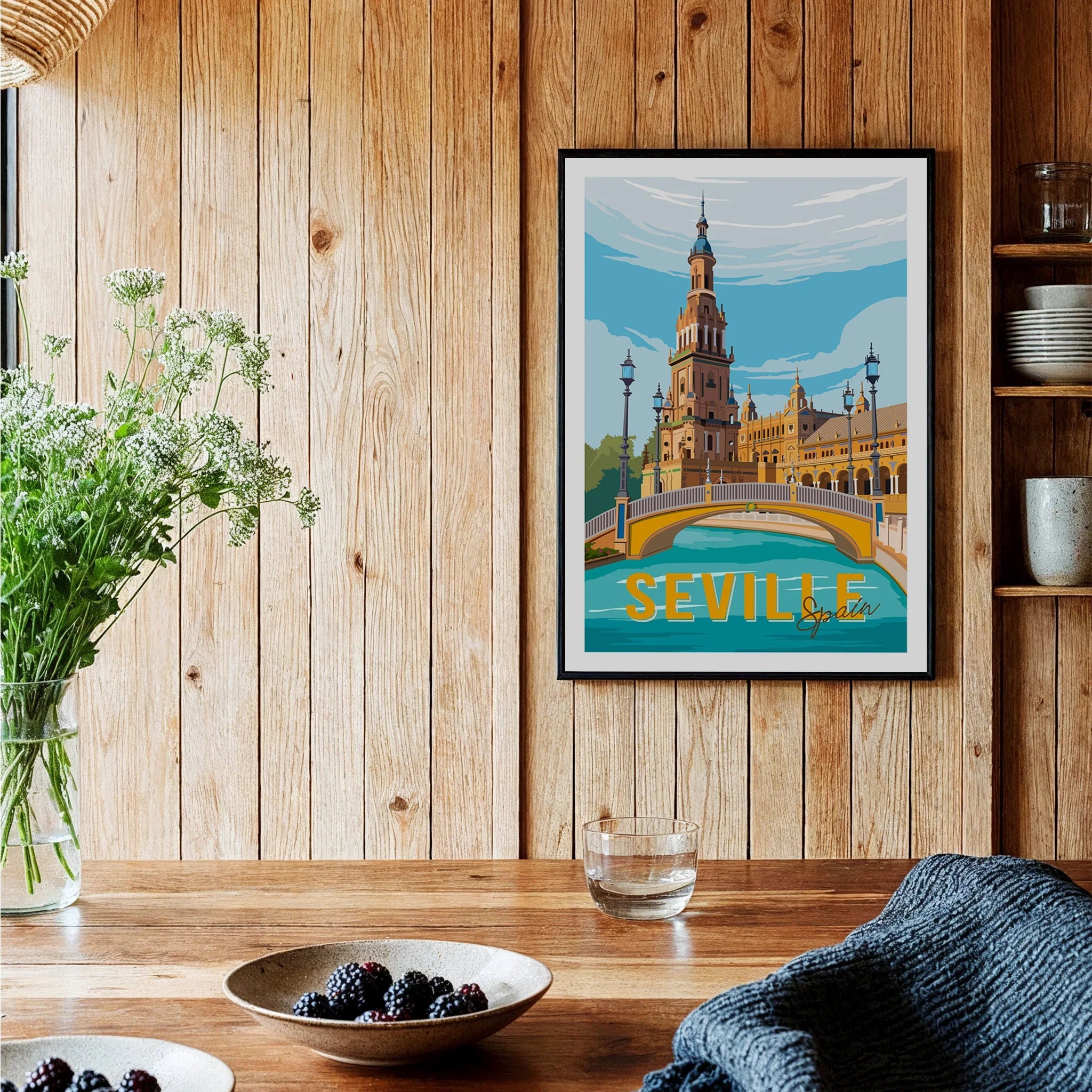 Seville Spain travel poster wall art featuring iconic bridge and tower, perfect for home decor