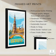 Framed Seville Spain travel poster art print with bridge and tower, ideal for home wall decor