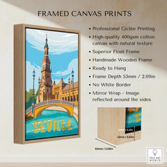 Seville Spain travel poster with iconic architecture and bridge, framed canvas wall art