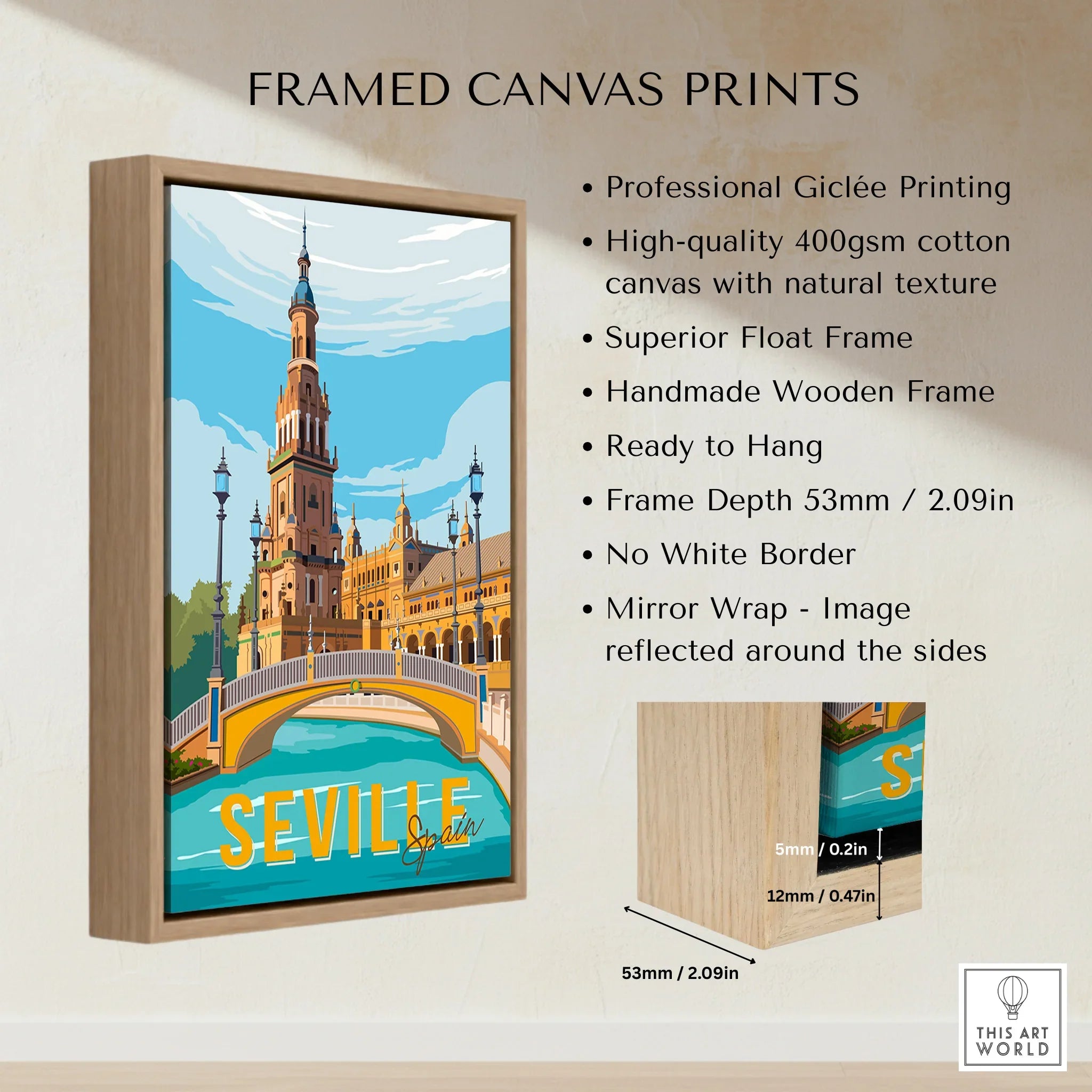 Seville Spain travel poster with iconic architecture and bridge, framed canvas wall art