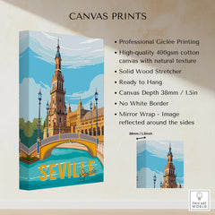 Seville Spain travel poster canvas print with iconic architecture and bridge, perfect for home decor