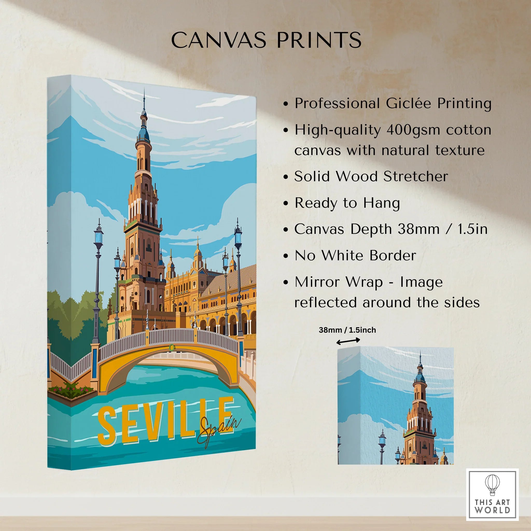 Seville Spain travel poster canvas print with iconic architecture and bridge, perfect for home decor