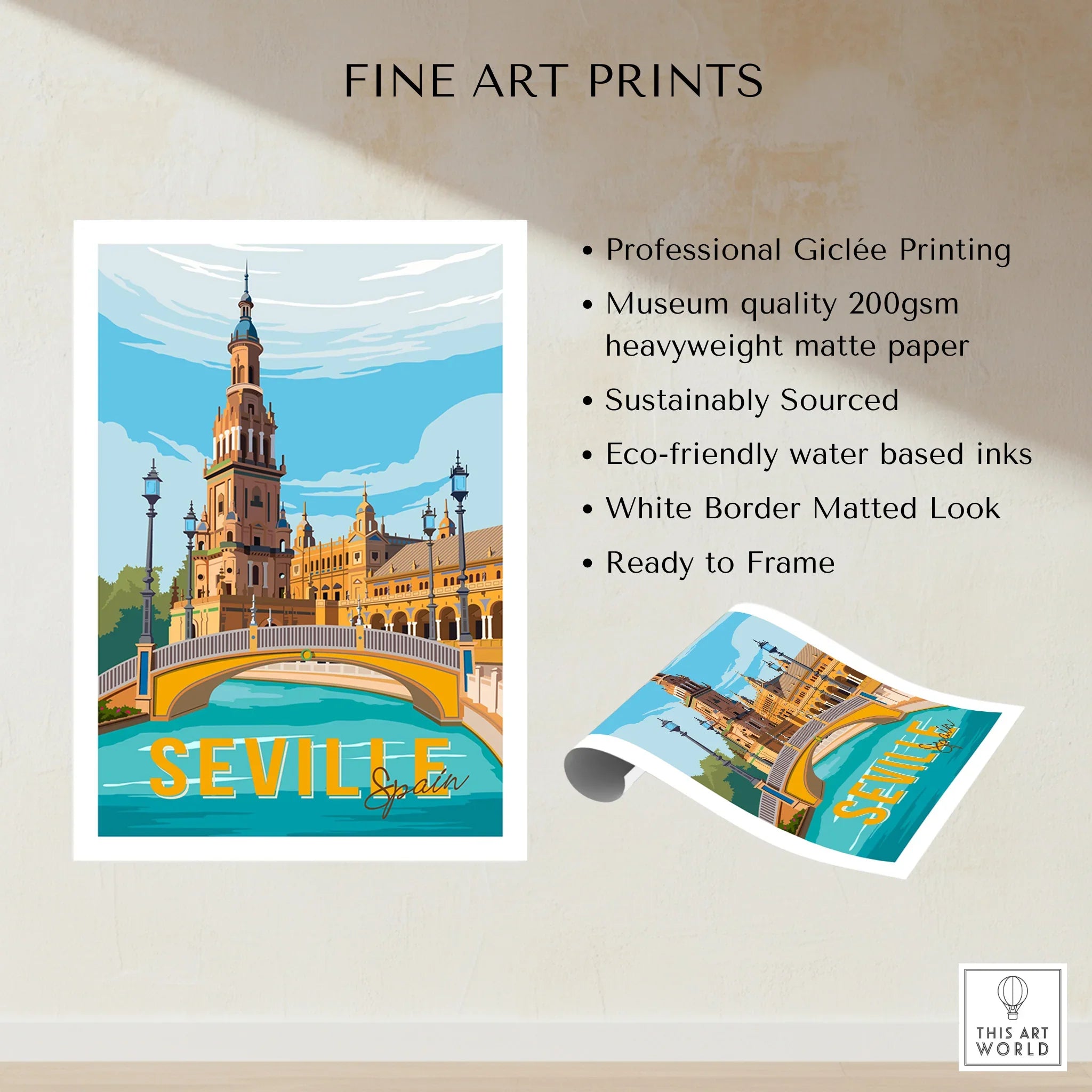 Seville Spain travel poster art print with bridge and historic architecture, ready to frame wall decor