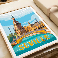 Seville Spain travel poster art print featuring iconic architecture and bridge, perfect for home decor wall art.