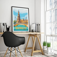 Seville Spain travel poster art print featuring Plaza de España, perfect for home decor wall art
