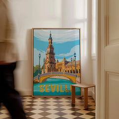 Seville Spain travel poster wall art with iconic bridge and tower, perfect for home decor