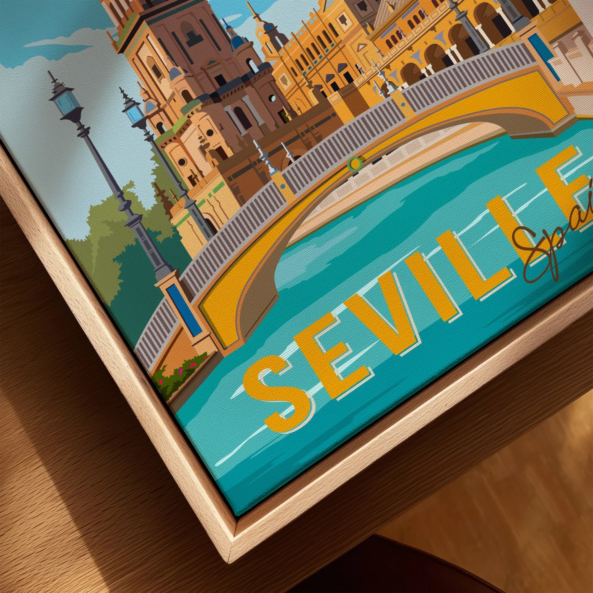 Seville Spain travel poster with vibrant cityscape, bridge, and turquoise river for wall art decor