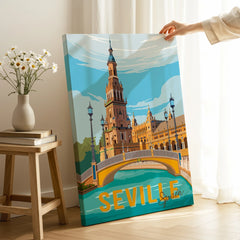 Seville Spain travel poster canvas art with historic tower and bridge, perfect for home wall decor