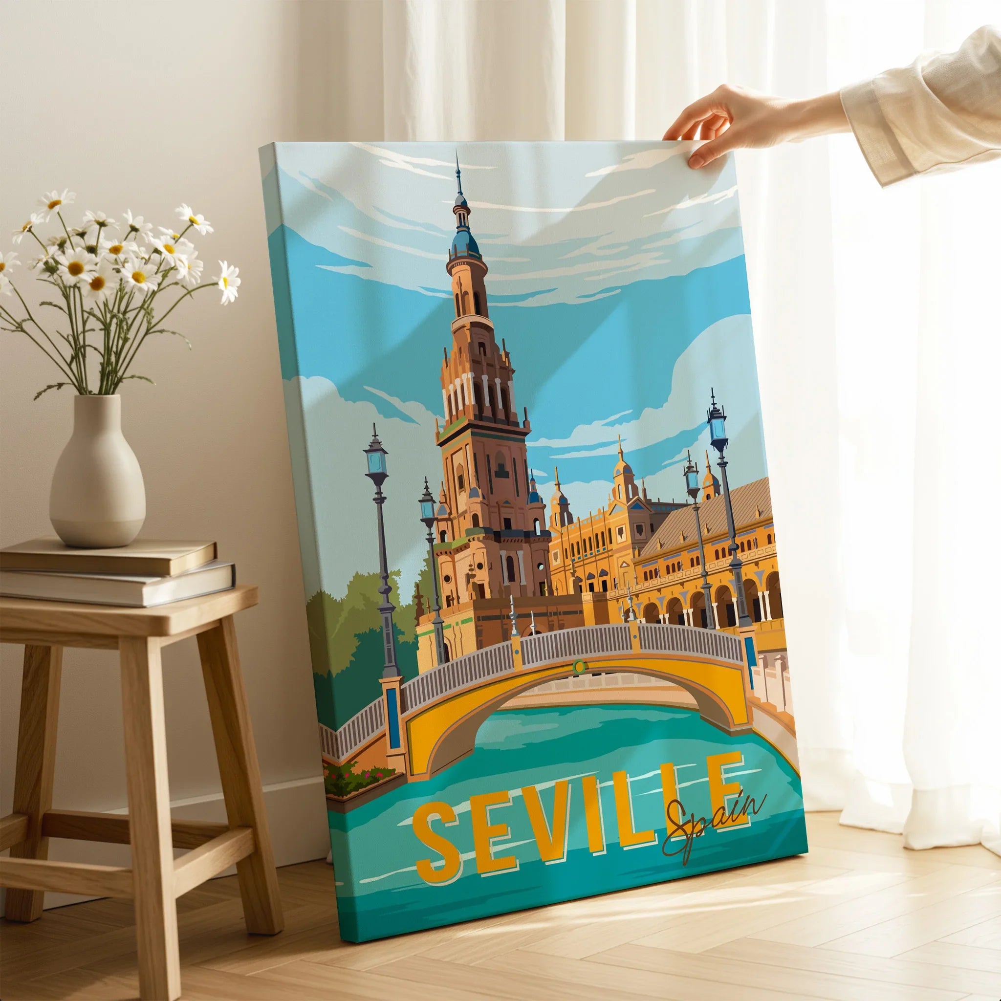 Seville Spain travel poster canvas art with historic tower and bridge, perfect for home wall decor