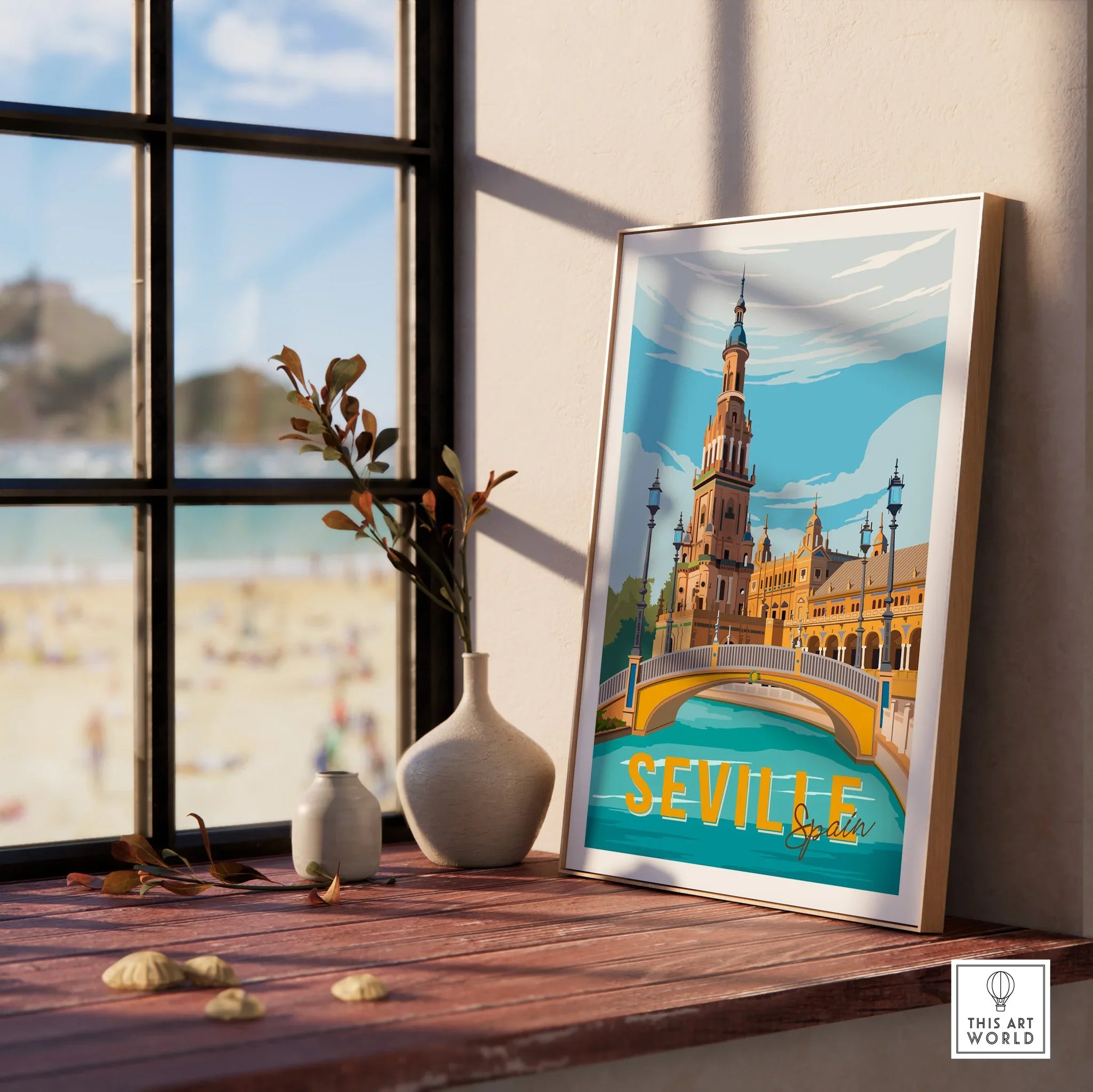 Seville Spain travel poster art print with iconic architecture, perfect for home decor wall art