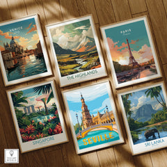 Framed travel posters of Venice, Paris, Highlands, Singapore, Seville, Sri Lanka for wall art decor