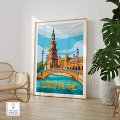 Seville Spain travel poster wall art featuring iconic architecture and bridge, perfect for home decor