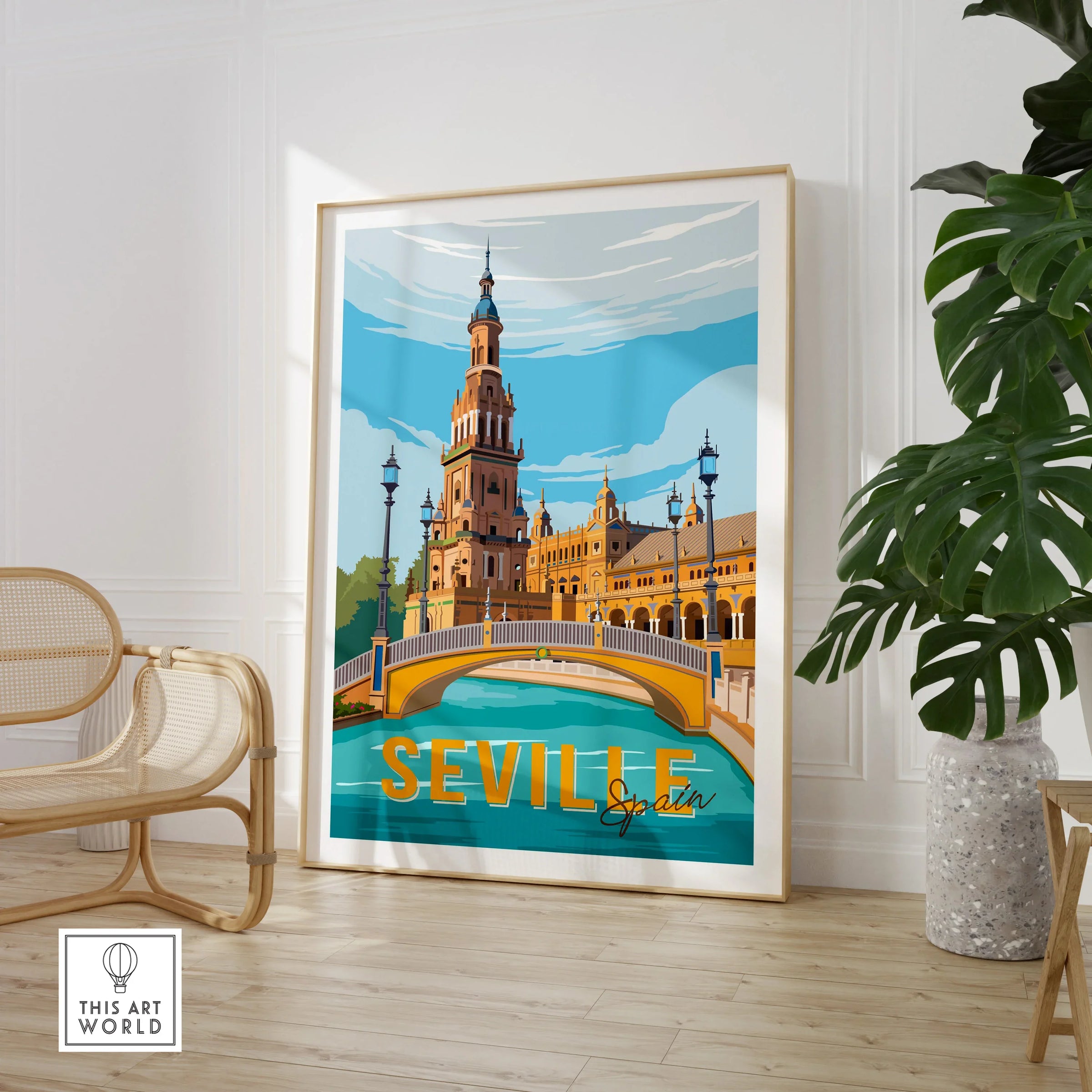 Seville Spain travel poster wall art featuring iconic architecture and bridge, perfect for home decor