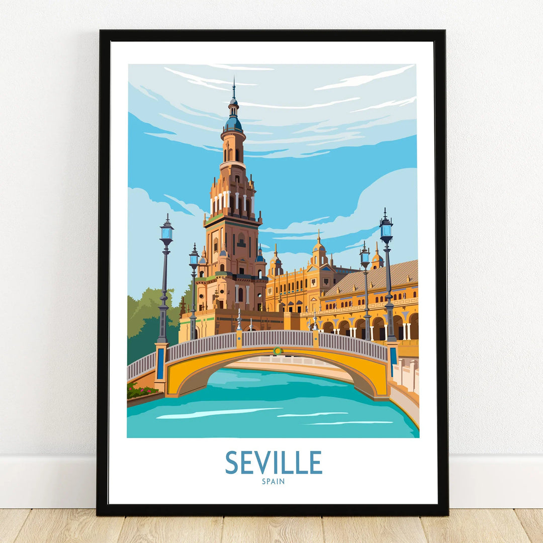 Seville Spain travel poster art print featuring iconic architecture, bridge, and canal, perfect for wall decor.
