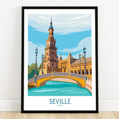 Seville Spain travel poster art print featuring iconic architecture, bridge, and canal, perfect for wall decor.
